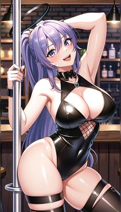 Purple Haired Hentai Babe Stripteases on Pole in Latex