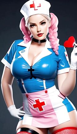 Sexy Pink Haired Babe in Shiny Latex Nurse Cosplay Teases