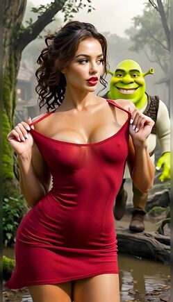 Sexy Brunette in Red Dress Poses with Shrek in Swamp