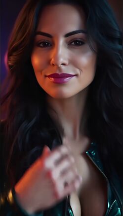 Brunette Beauty in Shiny Leather Jacket Tease