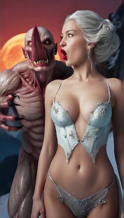 Terrifying Red Demon Monster Ravages Busty White-Haired Beauty Under Blood Moon