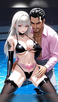 Silver-haired anime girl in black latex bikini teases handsome man by the pool
