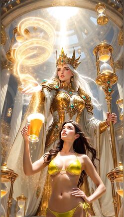 Golden Queen and Bikini Babe with Beer in Magical Temple