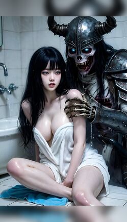 Terrifying Skeleton Viking Gropes Busty Asian Girl in Bathroom