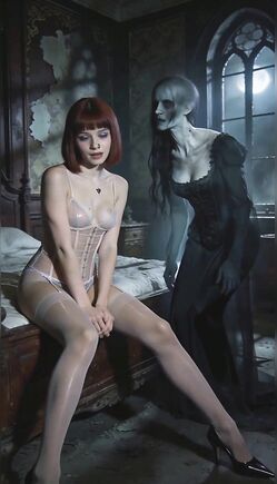 Seductive Redhead in Lingerie with Ghostly Shadow in Gothic Room