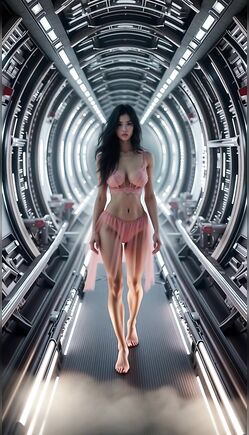 Stunning Asian Beauty Poses in Pink Lingerie in Futuristic Tunnel