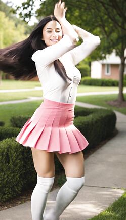 Brunette Schoolgirl in White Shirt and Pink Pleated Skirt Outdoor Tease