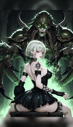 Silver-Haired Goth Girl Confronted by Massive Green Demon in Dark Ritual