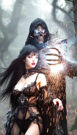Gothic Witch in Lingerie with Skeleton Lord in Enchanted Forest