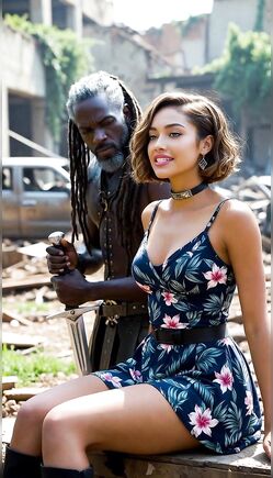 Curvy Woman in Floral Dress Meets Masked Dreadlocked Man in Ruins