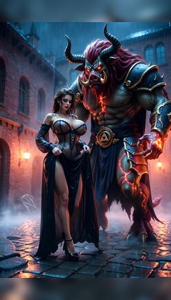 Fantasy Minotaur Dominates Seductive Woman in Rainy Alley