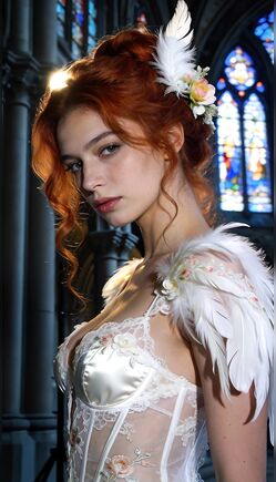 Gothic Redhead Angel with Feathers in Stained Glass Church