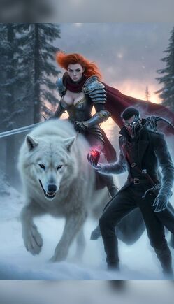 Fiery Redhead Warrior Rides Chained Wolf with Masked Man