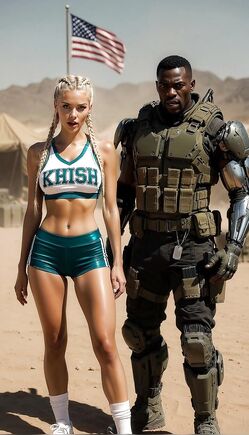 Blonde Cheerleader in Shiny Uniform Runs with Black Soldier in Desert