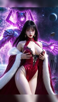 Sexy Woman in Red Faces Mighty Darkseid in Space