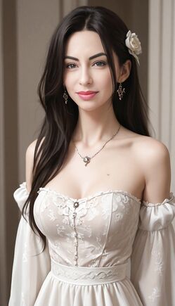 Stunning Brunette Beauty in Elegant Lace Off-Shoulder Gown