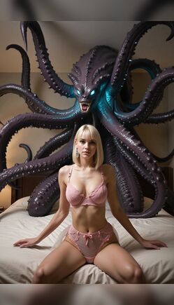 Blonde bombshell in pink lingerie poses seductively with giant octopus monster