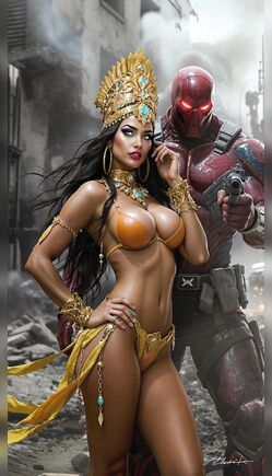 Exotic Babe in Gold Bikini with Red Hood Warrior in Ruins