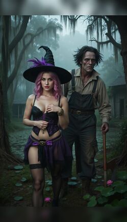 Pink-Haired Witch Seduces Old Swamp Man in Misty Forest
