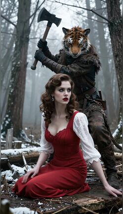 Furry Beast with Axe Captures Red Riding Hood in Dark Forest