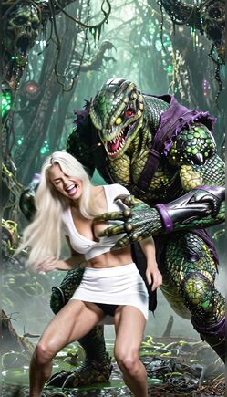 Blonde in Lingerie Faces Lizard Monster in Jungle