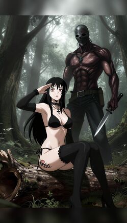 Seductive Anime Girl in Bikini Posing with Muscular Masked Warrior