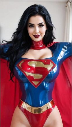 Seductive Supergirl in Tight Blue and Red Costume Posing