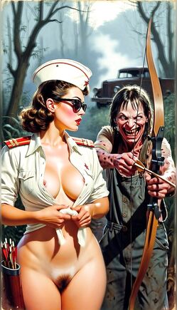 Sexy Nurse in Open Shirt Posing with Zombie Archer in Post-Apocalypse