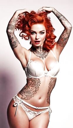 Tattooed Redhead Beauty Posing in White Lace Lingerie Part 2