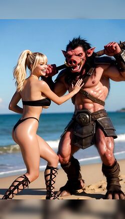 Blonde Beauty in Black Bikini Posing with Muscular Orc Warrior on Beach