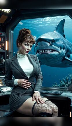 Seductive Woman in Business Suit Posing with Giant Shark in Submarine