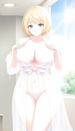 Busty Blonde Anime Girl Teasing in Sheer White Robe by Window