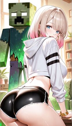 Blonde Anime Girl Twerking in Tight Shorts with Minecraft Creeper