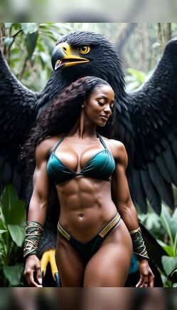 Majestic Amazonian Warrior and Giant Black Eagle in Lush Jungle