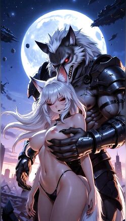 Beautiful Anime Fox Girl and Giant Werewolf Under Moonlight