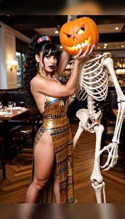 Seductive Egyptian Goddess Posing with Pumpkin Head Skeleton
