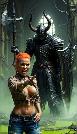 Fiery Redhead Confronting Armored Dark Knight in Fantasy