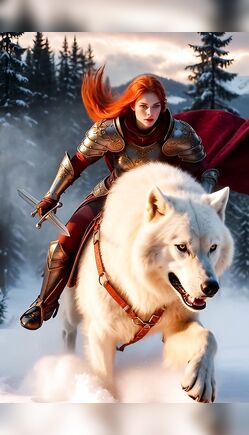 Redhead Warrior Riding Giant White Wolf in Snow