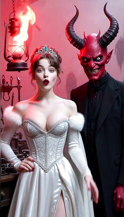Elegant Woman in White Corset Dancing with Red Devil