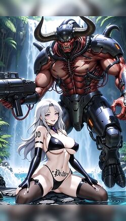 Silver Hair Girl Kneeling with Muscular Demon Warrior