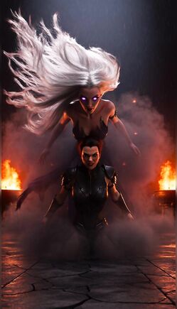 Silver Hair Demoness Floating with Armored Warrior