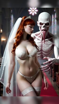 Redhead Bride in White Lingerie with Creepy Skeleton