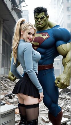 Blonde Woman and Hulk Romantic Urban Encounter Scene