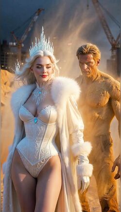 Elegant Ice Queen in White Corset Embraces Muscular Warrior