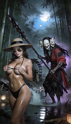 Dark Fantasy Warrior Girl And Masked Oni Under Full Moon Light