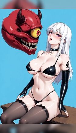 Seductive White Haired Anime Girl With Floating Red Demon Eye Mask