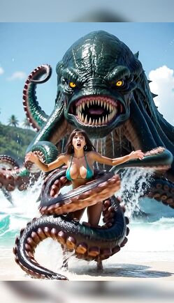 Giant Sea Monster Attacks Woman on Tropical Beach