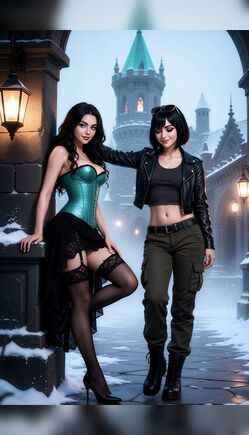 Two Beautiful Women Sharing Intimate Moment Outside Snowy Gothic Castle
