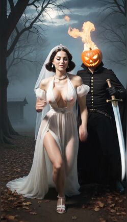 Spooky Halloween Pursuit of Beautiful Bride by Flaming Pumpkin Knight