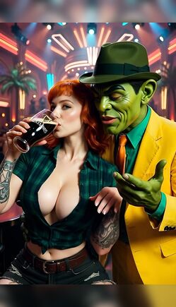 Seductive Redhead Flirting with Grinning Green Gangster in Neon Bar